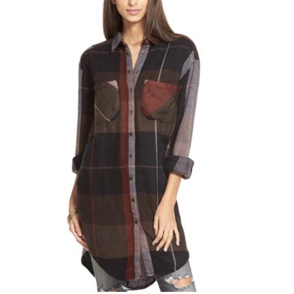 Free People Street Talk Women's Plaid Shirt Dress Size Small Snap Buttons - Picture 1 of 5